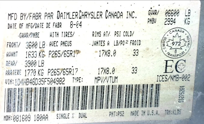 Dodge Durango cena 41000 przebieg: 237000, rok produkcji 2005 z Warszawa małe 277